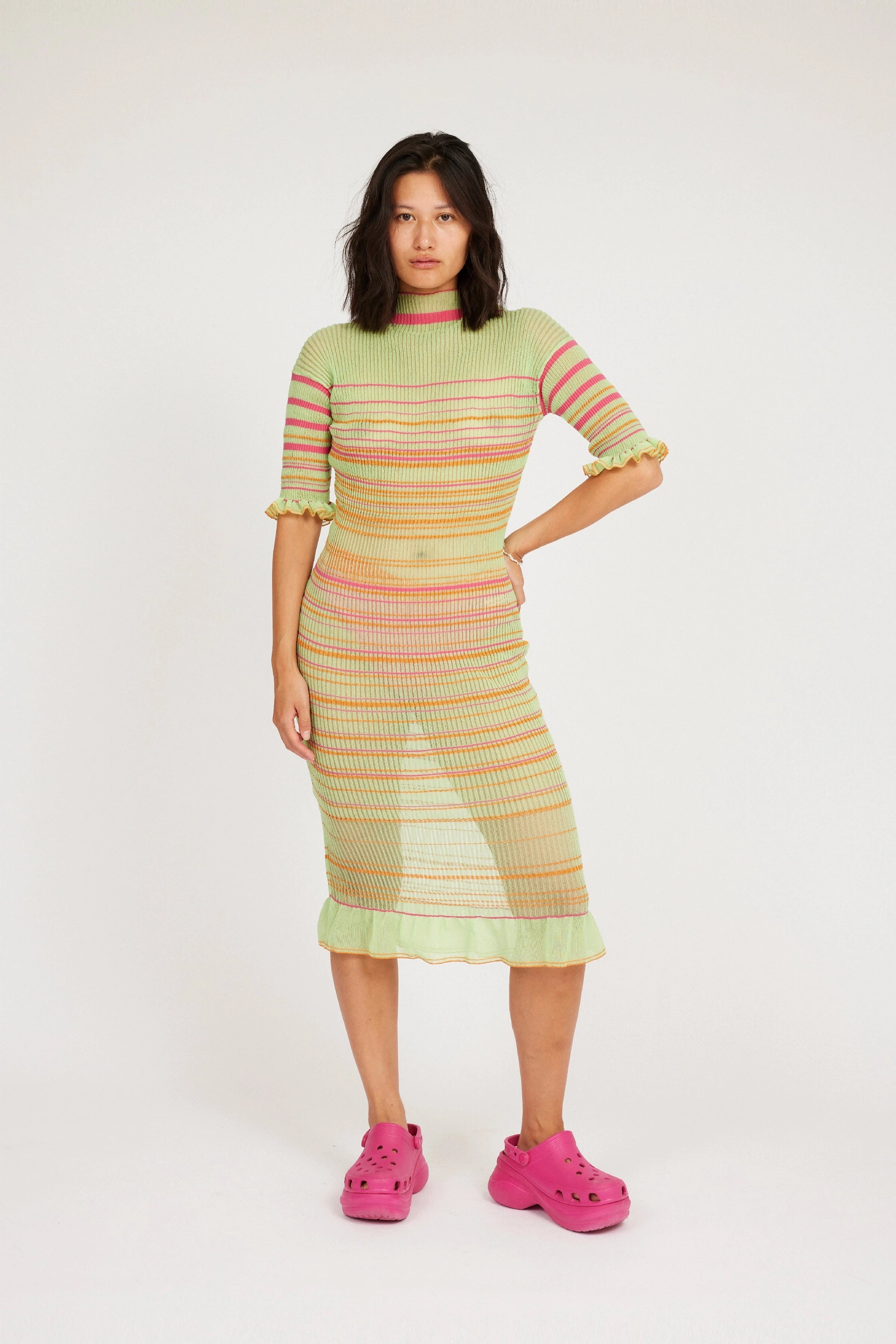 sheer stripe dress Striking Statement Stretch Knit Sheer Stripe Maxi Dress in Cream Large