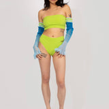 Bloomer Panty in lime, knitted pair of panties with logo, And Gradient Frills in blue and lime, knitted, below the knee or the arms
