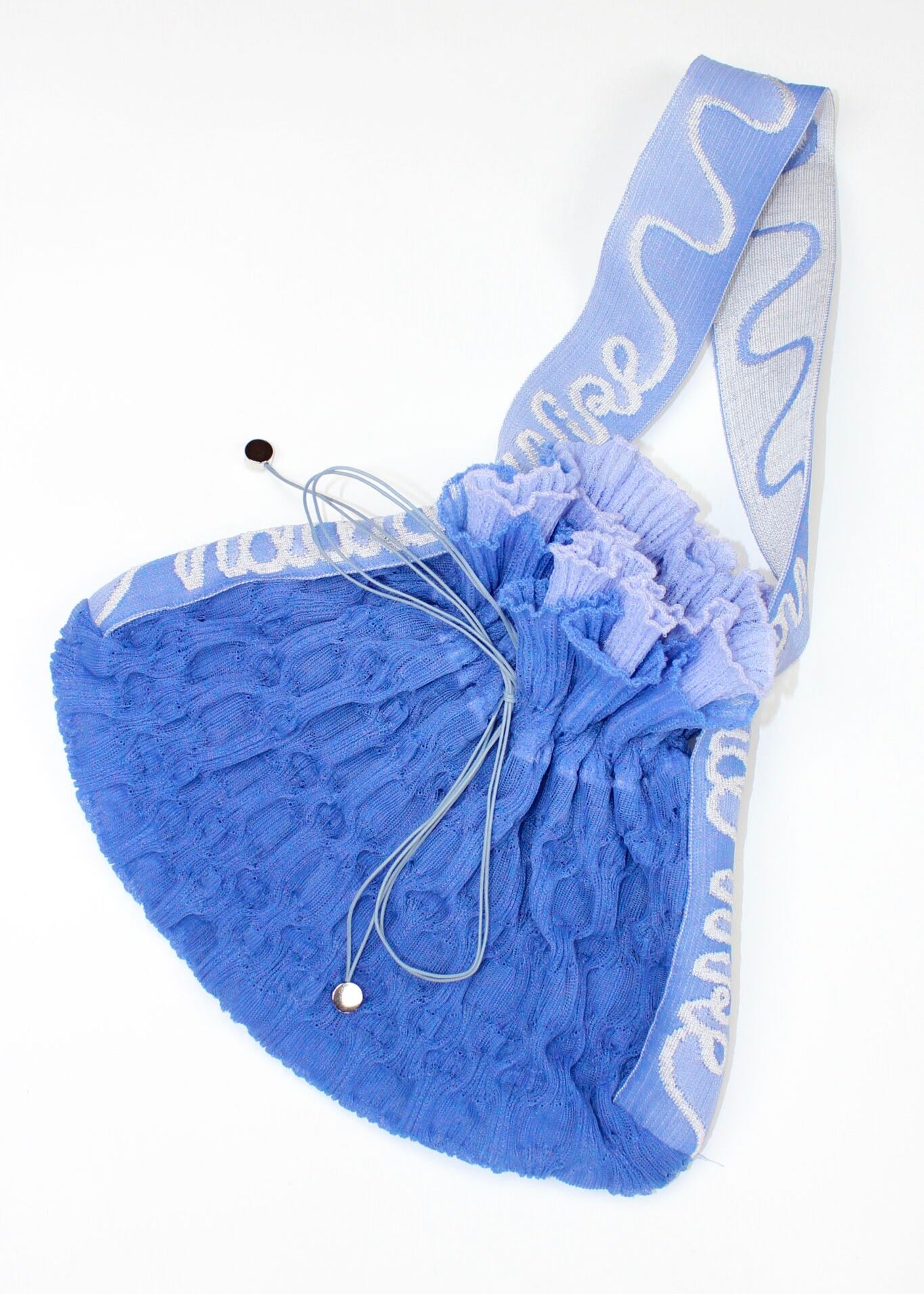 Bubble Frill Bag in powder blue, knitted transparent cinch bag