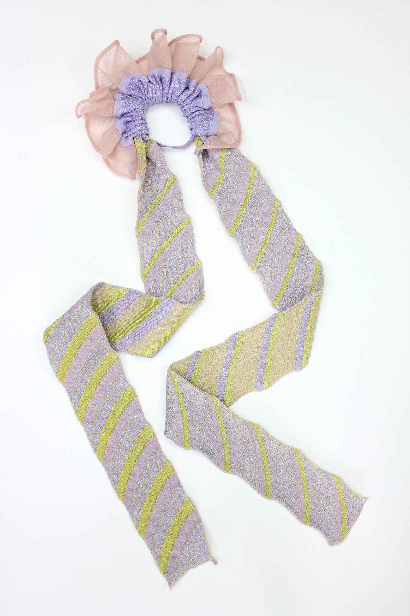 Gazania Scrunchie in peach and lilac, knitted with stripes
