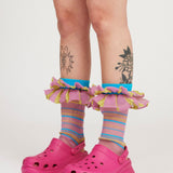 Mini Confetti Frills in lavender and turquoise, knitted and striped
