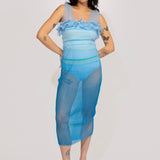 Secret Gradient knitted Dress in transparant gradient blue shades, with sporty stripe body