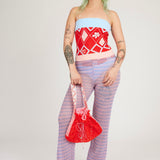 Bubble Frill Bag in coral red, knitted transparent cinch bag
