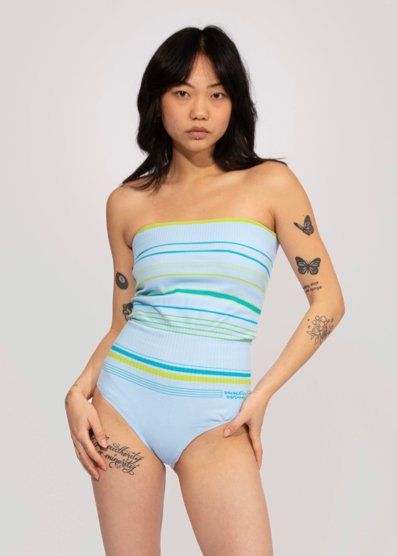 Sporty Stripe knitted Body in light blue and lime, strapless bodysuit