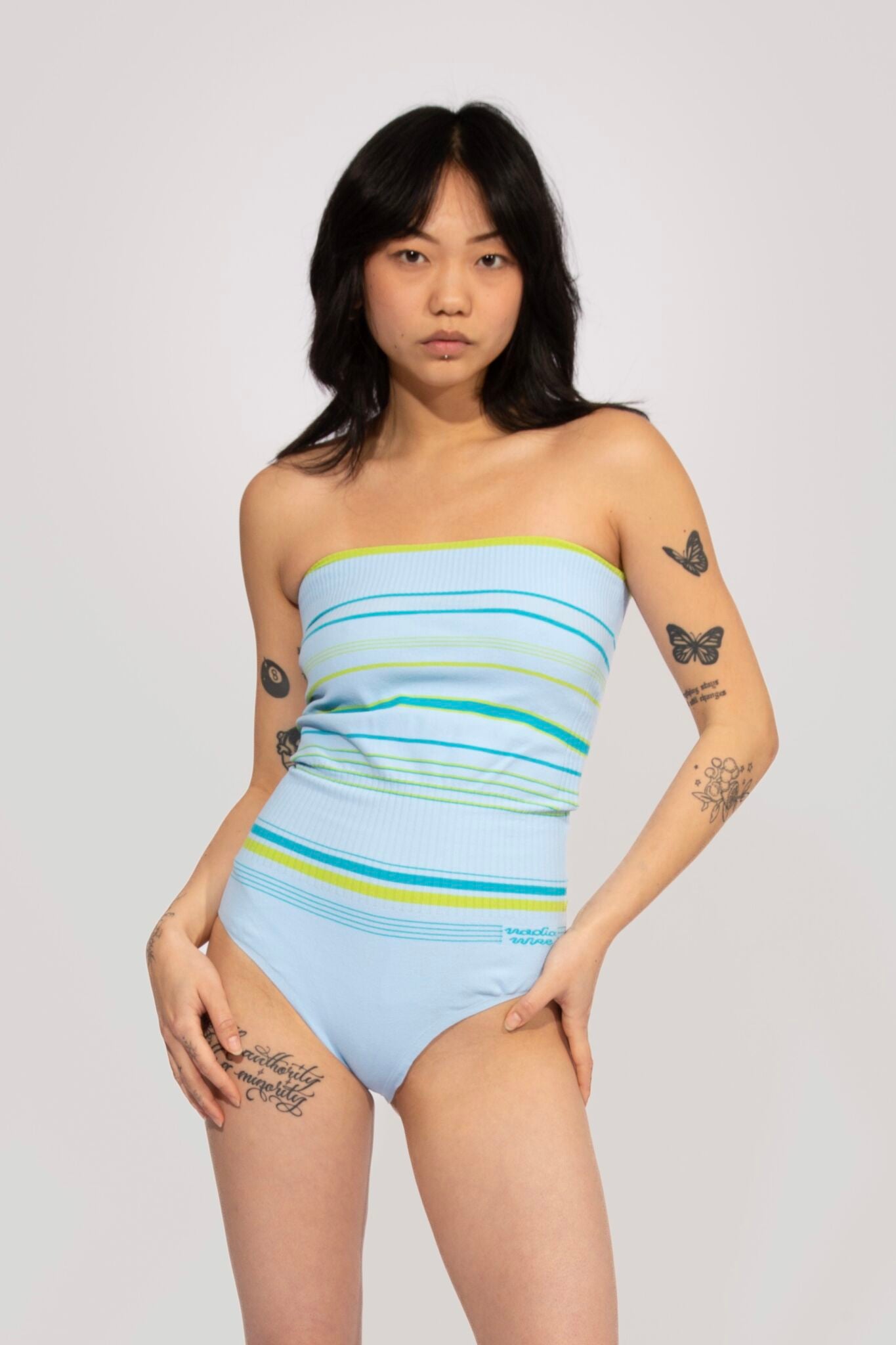 Sporty Stripe knitted Body in light blue and lime, strapless bodysuit