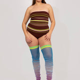 Long Gradient Frills in blue and lavender, transparent high frills and Sporty Stripe knitted Body in brown and pink, strapless bodysuit