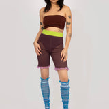 Striped knitted Frills in blue, transparent frills in gradient stripes and Stripe knitted Shorts in brown and lime, transparent all over stripes