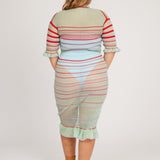 Sweet Secret Dress in mint green is a transparent knitted short sleeved high neck dress in gradient stripes with shimmery metallized yarn. The textile is lightweight, delicate and very flexible. The dress has a body fitted silhouette that adapts to the body.
