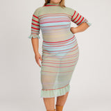 Sweet Secret Dress in mint green is a transparent knitted short sleeved high neck dress in gradient stripes with shimmery metallized yarn. The textile is lightweight, delicate and very flexible. The dress has a body fitted silhouette that adapts to the body.