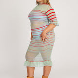 Sweet Secret Dress in mint green is a transparent knitted short sleeved high neck dress in gradient stripes with shimmery metallized yarn. The textile is lightweight, delicate and very flexible. The dress has a body fitted silhouette that adapts to the body.