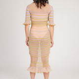 Sweet Secret Dress in peach blonde is a transparent knitted short sleeved high neck dress in gradient stripes with shimmery metallized yarn. The textile is lightweight, delicate and very flexible. The dress has a body fitted silhouette that adapts to the body. Detailed with frills and a logo in the back of neck.