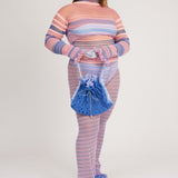 Bubble Frill Bag in powder blue, knitted transparent cinch bag