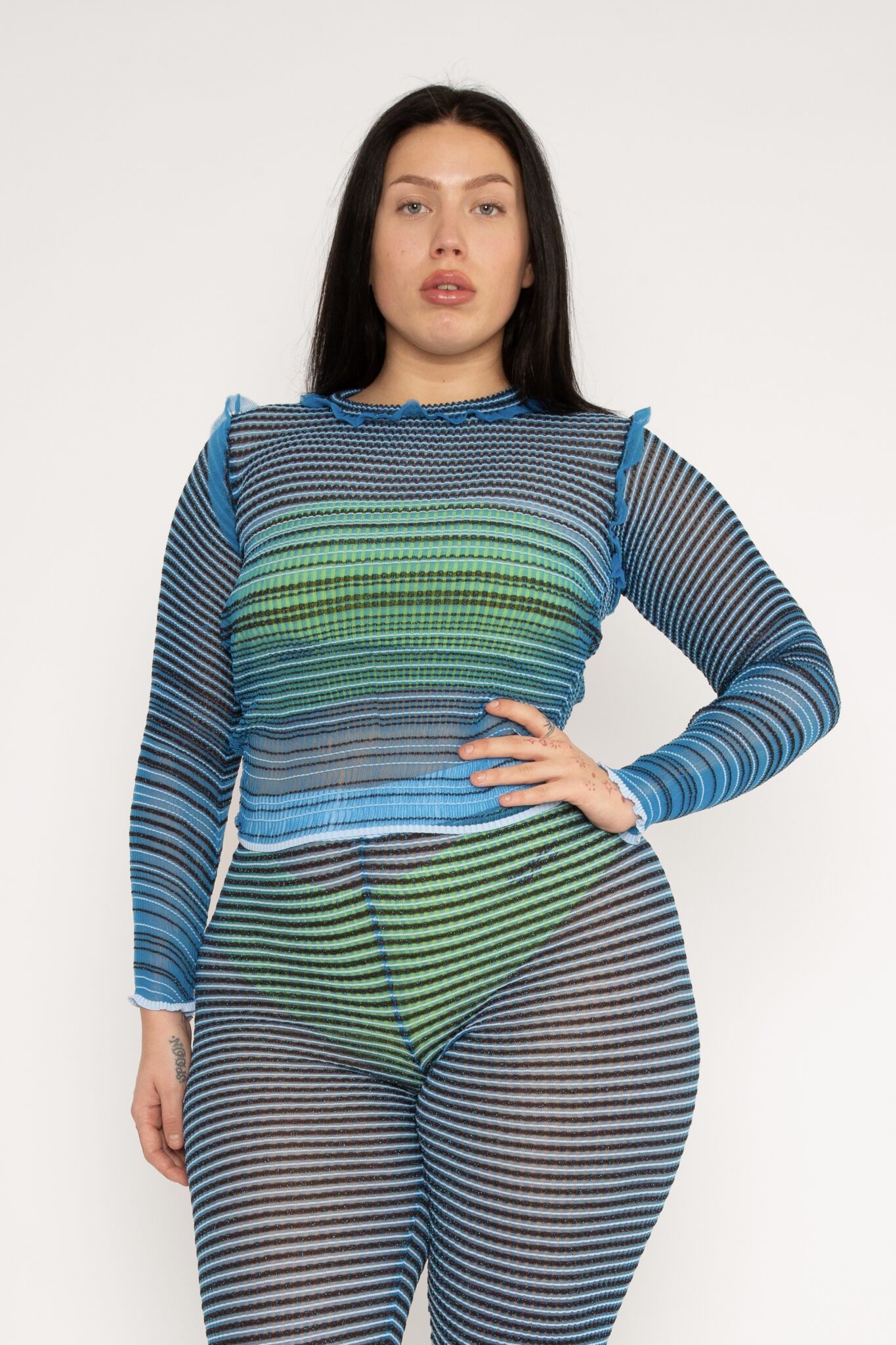 Secret Stripes knitted Jumper, top and trousers in blue and brown