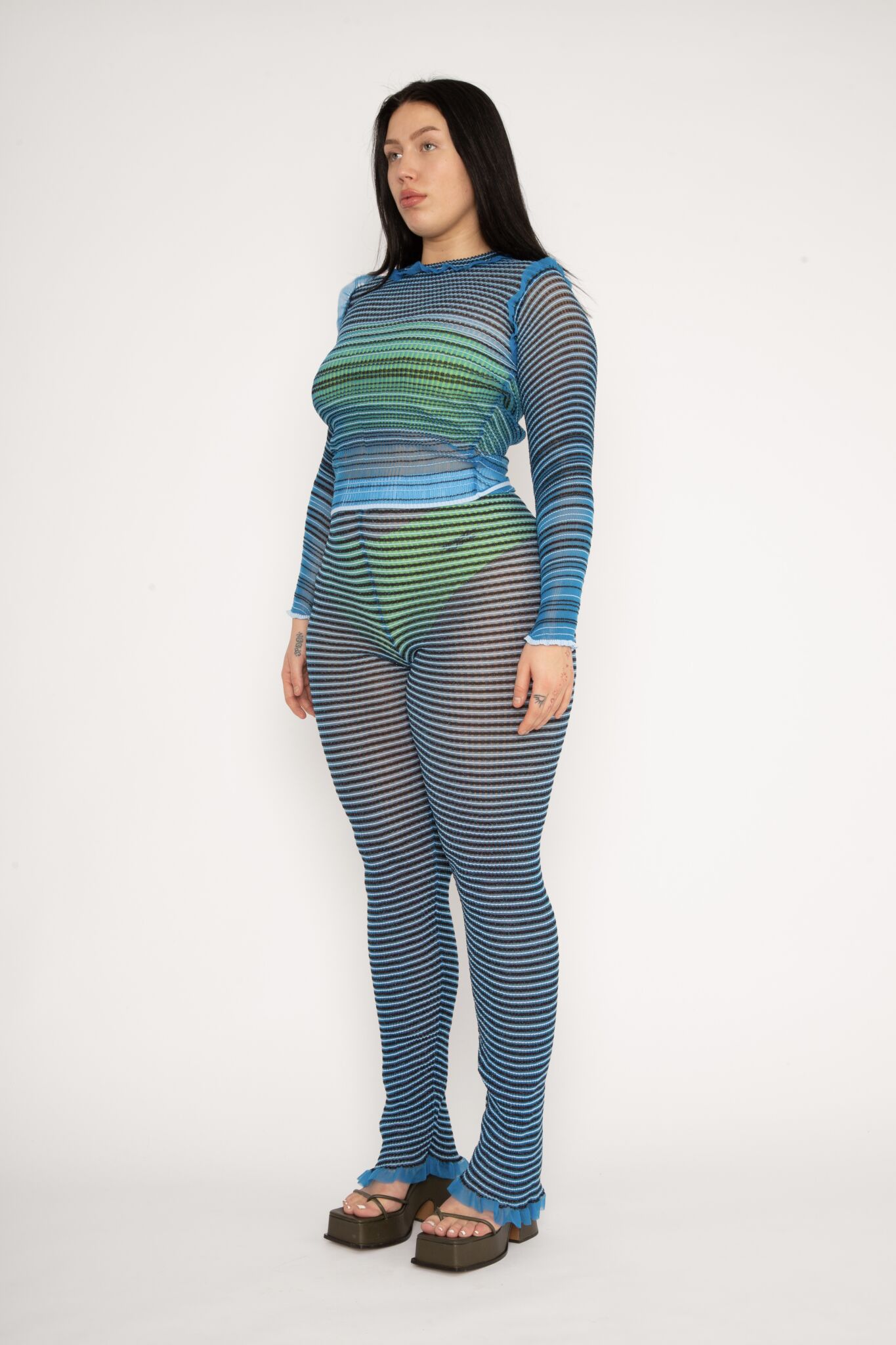 Secret Stripes knitted Jumper, top and trousers in blue and brown
