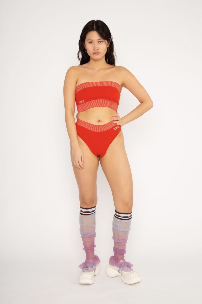 Knitted Spring Bloomer Top and Panty in red. Tube top and high-waist panties. Can also be used as swimwear. Styled with Gradient Frills in Lavender and blue - transparent leg warmers and arm warmers.