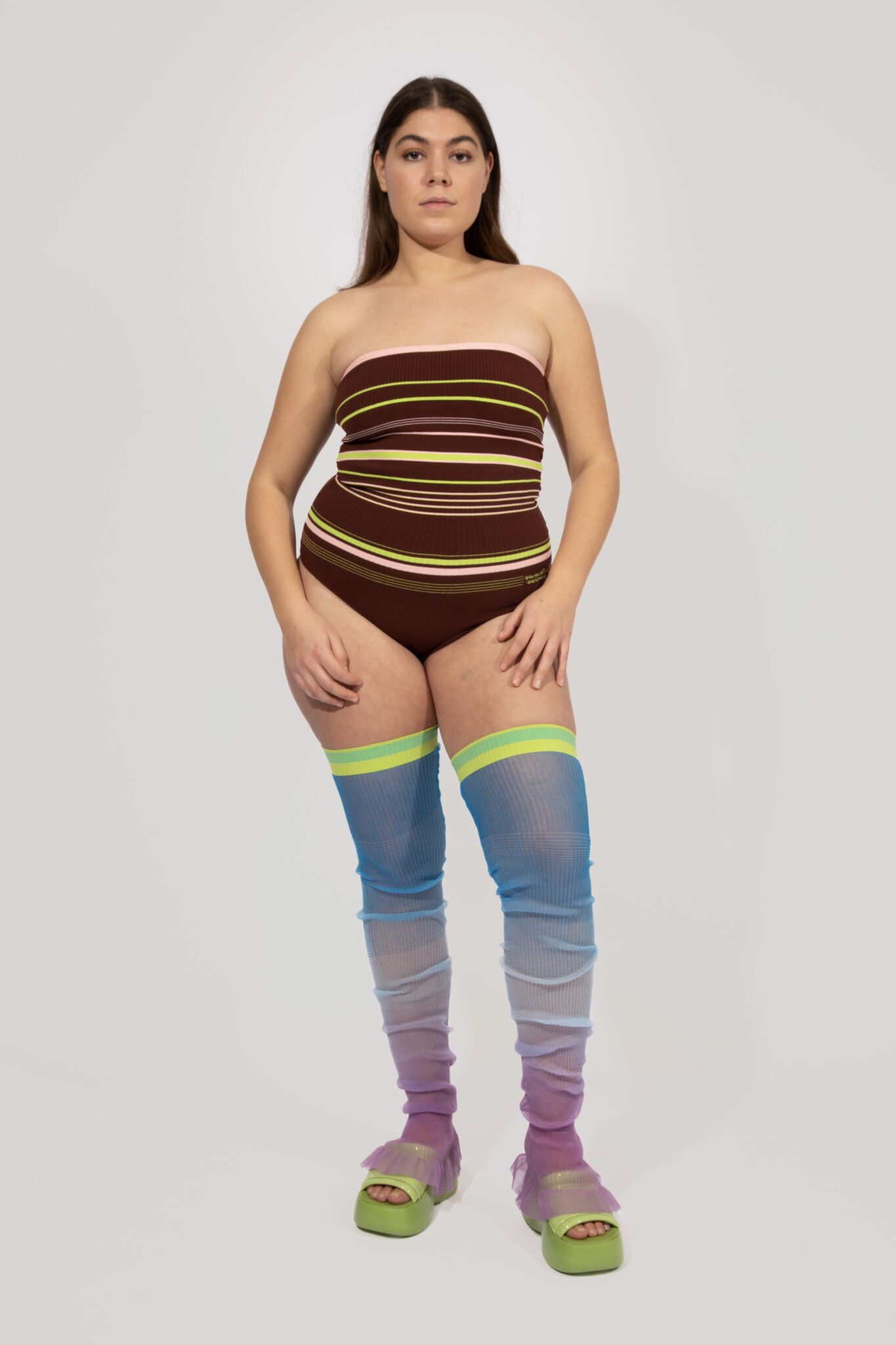 Long Gradient Frills in blue and lavender, transparent high frills and Sporty Stripe knitted Body in brown and pink, strapless bodysuit