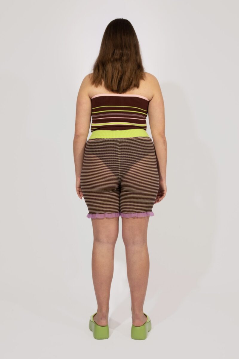 Stripe knitted Shorts in brown and lime, transparent all over stripes