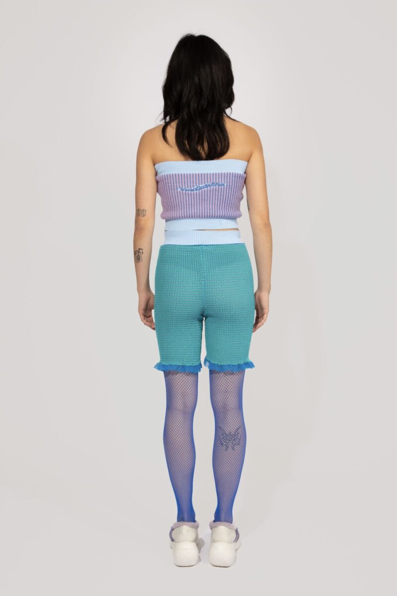 Blossom Tube Top or shorts in pink and blue, striped 3D jacquard knitted and Stripe knitted Shorts in green and light blue, all over stripes
