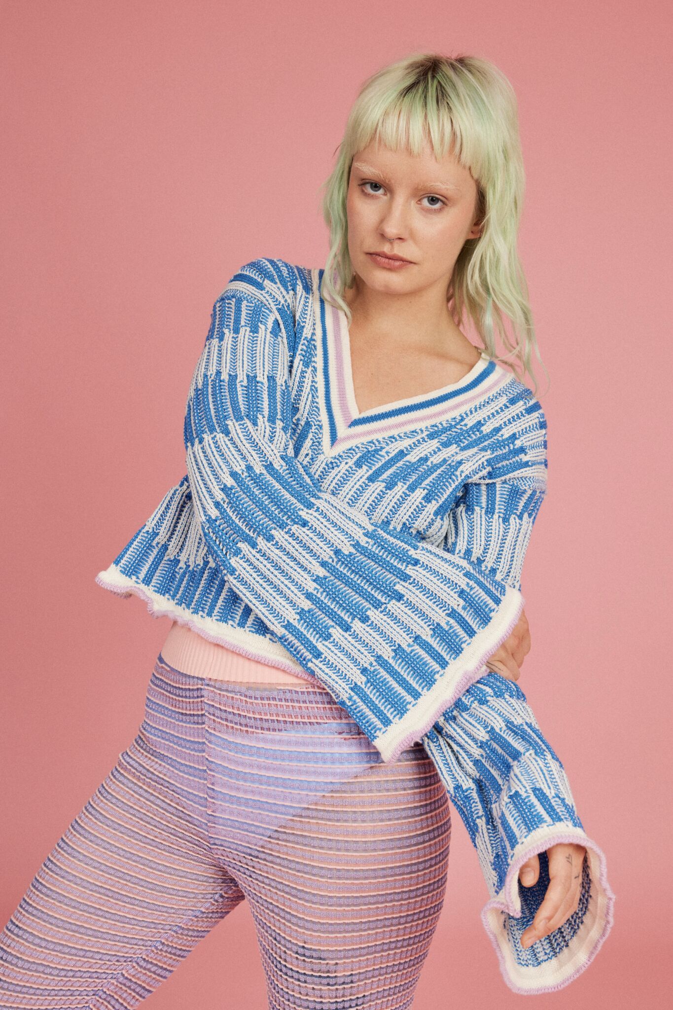 Loveable Loop shot by Amelia Lourie. Wavy Chess Jumper in blue.