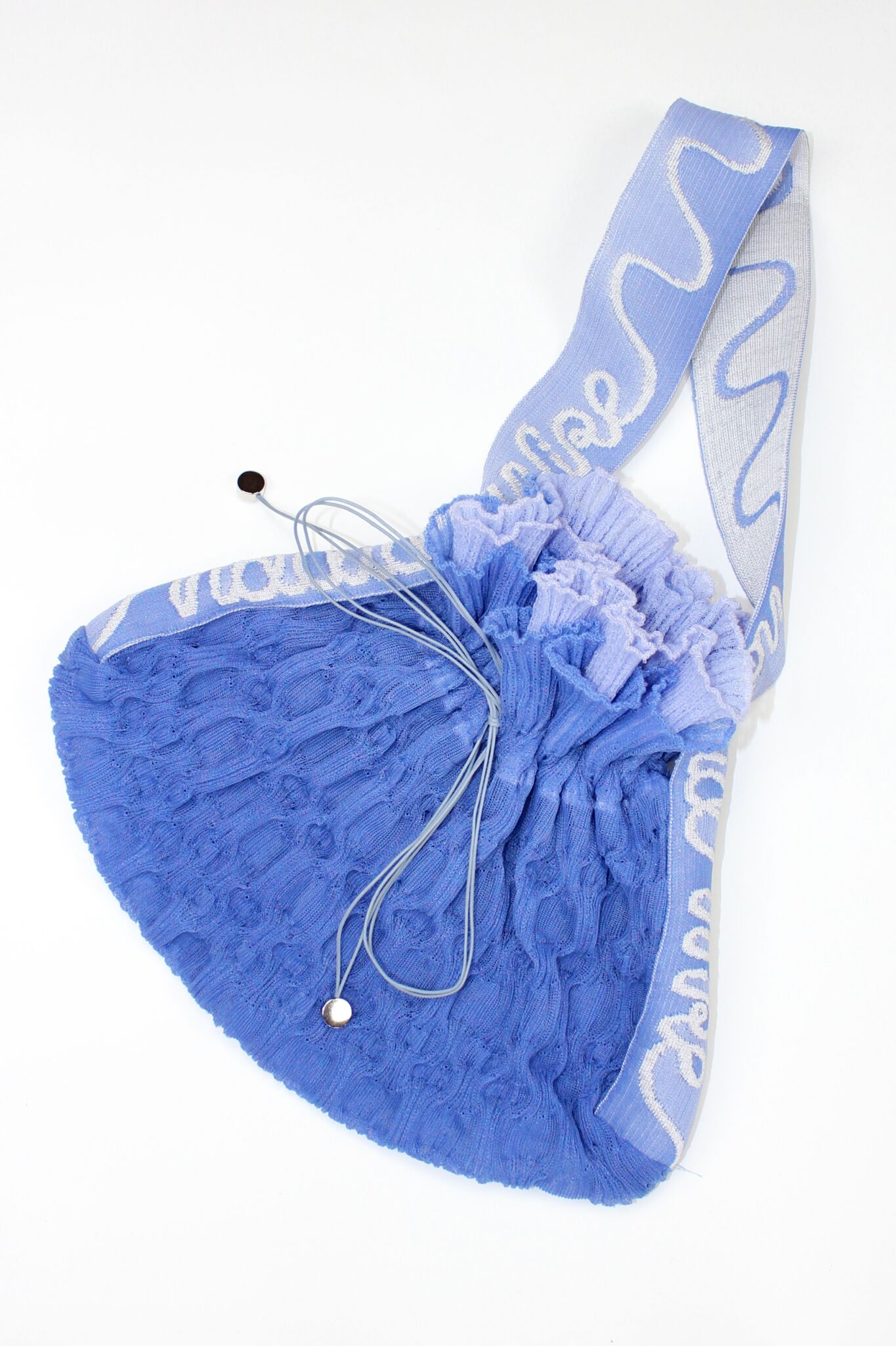 Bubble Frill Bag in powder blue, knitted transparent cinch bag